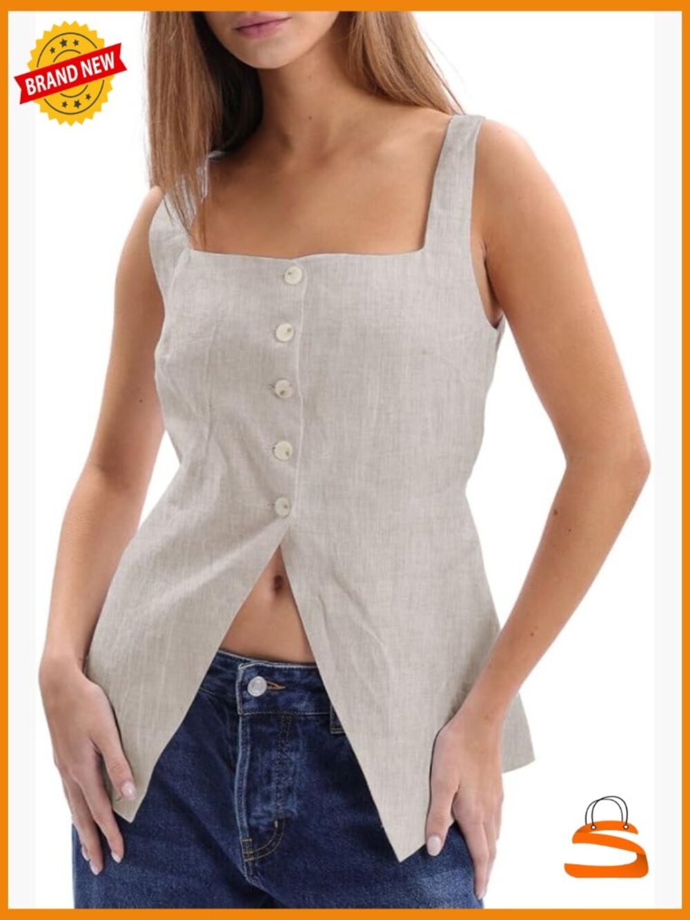Linen Square Neck Vest Tops Button Up Sleeveless Waistcoat for Women